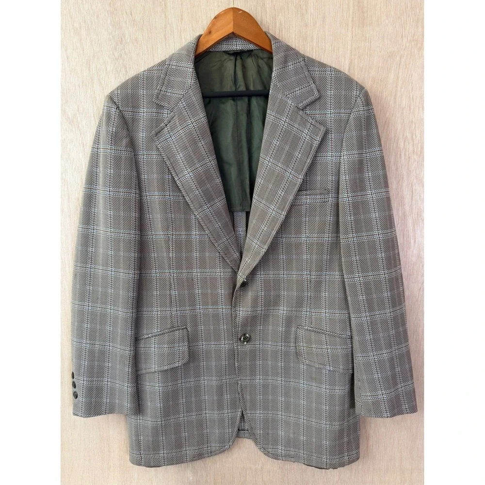 Designer Group Bonds Mens Plaid Suit Jacket Brown Blue Check Blazer 2 Button
